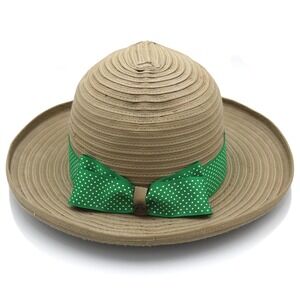 Biltmore Sun Hat Womens L/XL Tan Green Polka Dot Bow Straw Style Summer Beach